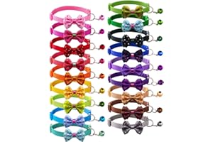 Flymind 18Pcs Puppy Collars, Cat ID Collars with Bell Adjustable 19-32cm, Polka Dot Bow Soft Nylon Adjustable Breakaway Identification Collars for Puppy Kittens