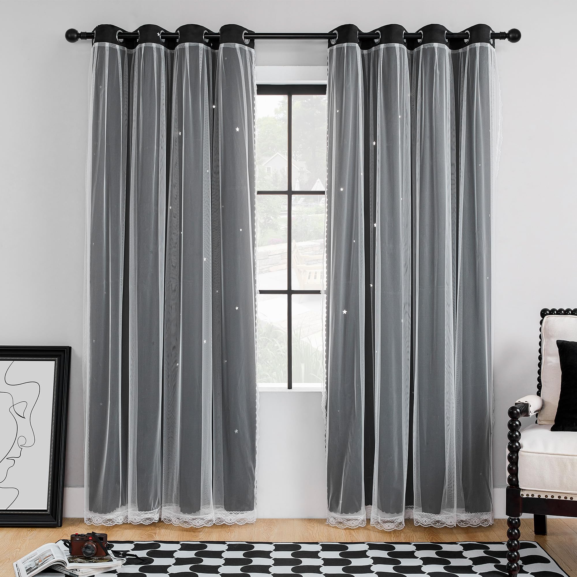 XiDi Black Out Curtains for Bedroom, Curtains for Girls Bedroom Decor, Unicorn Curtains for Kids Room, Black and White Curtains for Living Room 96 inchs Long 52 inches Wide 2 Panel Black Image