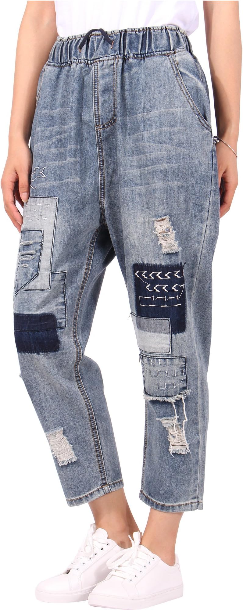 JeansForest Womens Cropped Loose Fit Denim Panel Jeans