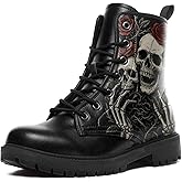 coolcustomize Womens Mens Gothic Combat Boots – Punk Rock Vegan Leather Ankle Booties Anti-Slip Skull & Roses Black Platform Work Boots