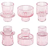 NEOEGOR Taper Votive Candle Holder for Pillar Candles Tealight, Candlestick Holder for Wedding Christmas Tea Party, Boho Ribbed Vintage Crystal Glass Table Centerpiece Decor, Bulk Set of 6 (Pink)