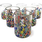 Dos Sueños Hand Blown Mexican Drinking Glasses – Set of 6 Confetti Carmen Tumbler Glasses (10 oz each)