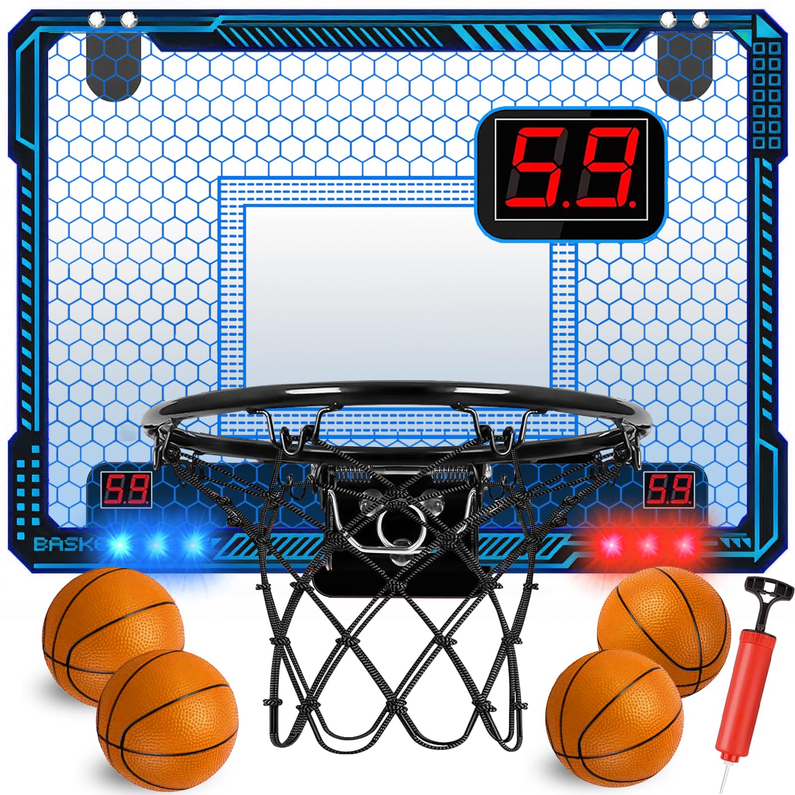 TEUVO Indoor Basketball Hoop for Kids with 7 Colors LED Lights/ 4 Balls/Automatic Scoring, Home Office Over Door Mini Basketball Hoop Sport Toy Gifts for 6 8 9 10 11 12 13 Year Old Boys Girl