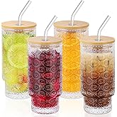 16 Oz Glass Cups Set of 4, Vintage Embossed Floral Glass Tumbler, Iced Coffee Cups with Lid, for Whiskey Cocktail Beer (4 PACK)
