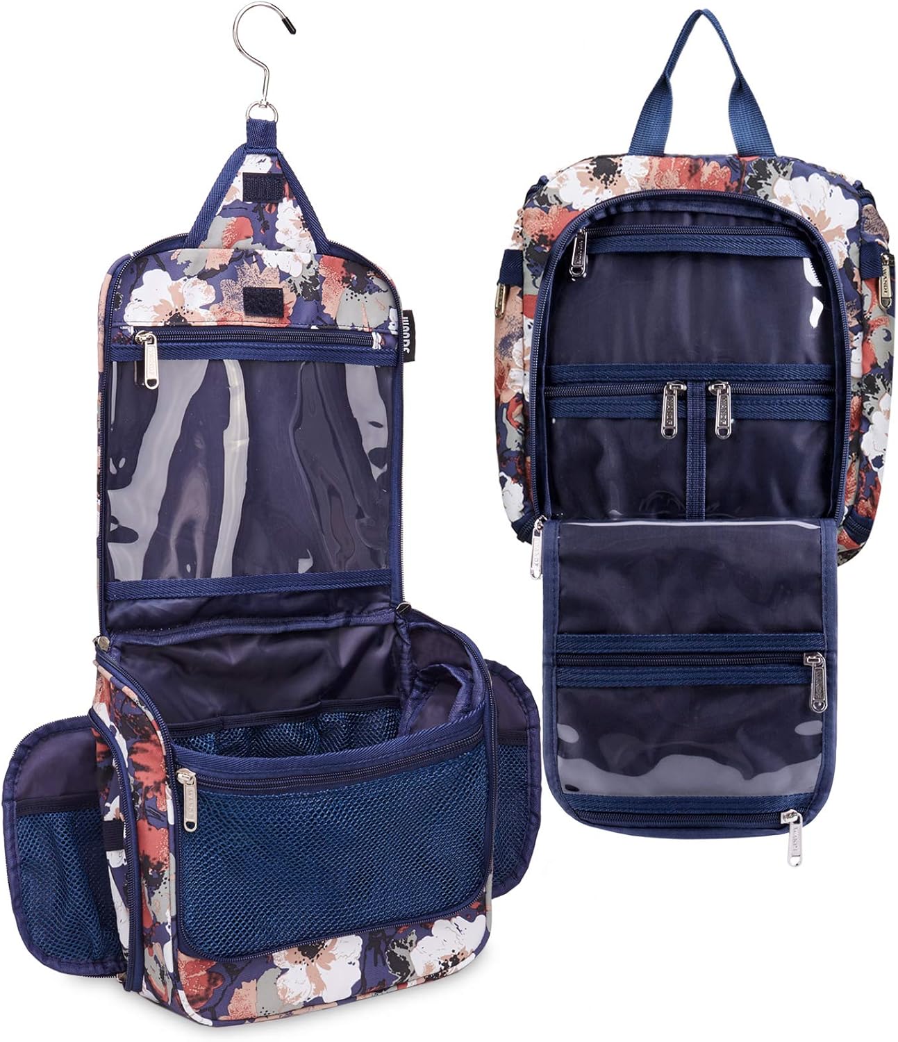 WANDF Toiletry Bag with Medicine Pocket Jewellery Bag and Clear Wet Separation Compartments Water-resistant Nylon Travel Shaving Dopp Kit Travel (Blue Flower): Clothing