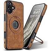 VAUSERDY Magnetic for iPhone 16 Leather Case,Invisible Stand [Compatible with Magsafe] Slim Kickstand Phone Cove (Brown, iPhone 16-6.1")