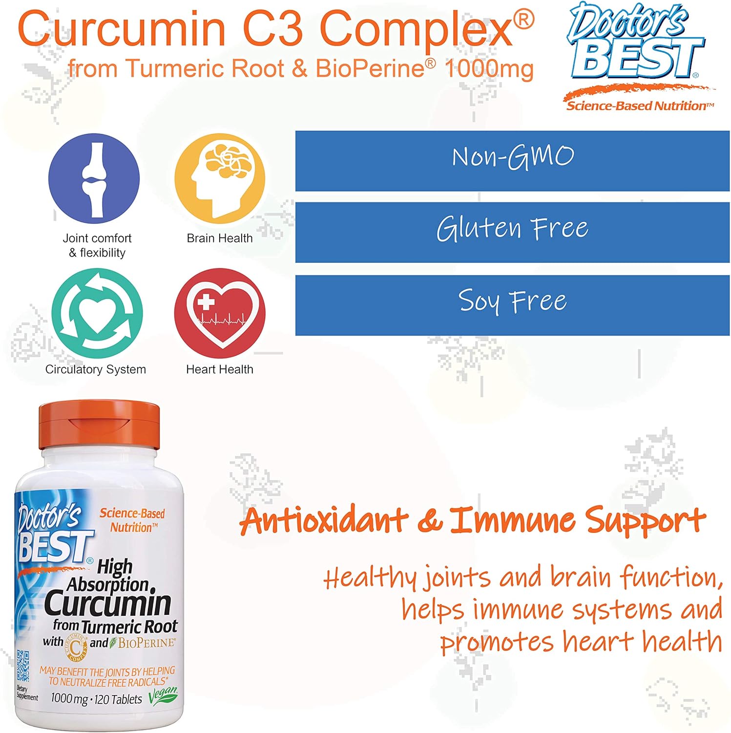 Doctor's Best Curcumin From Turmeric Root with C3 Complex & BioPerine, Non-GMO, Gluten Free, Soy Free, Joint Support, 1000 mg, 120 Tablets: Health & Personal Care