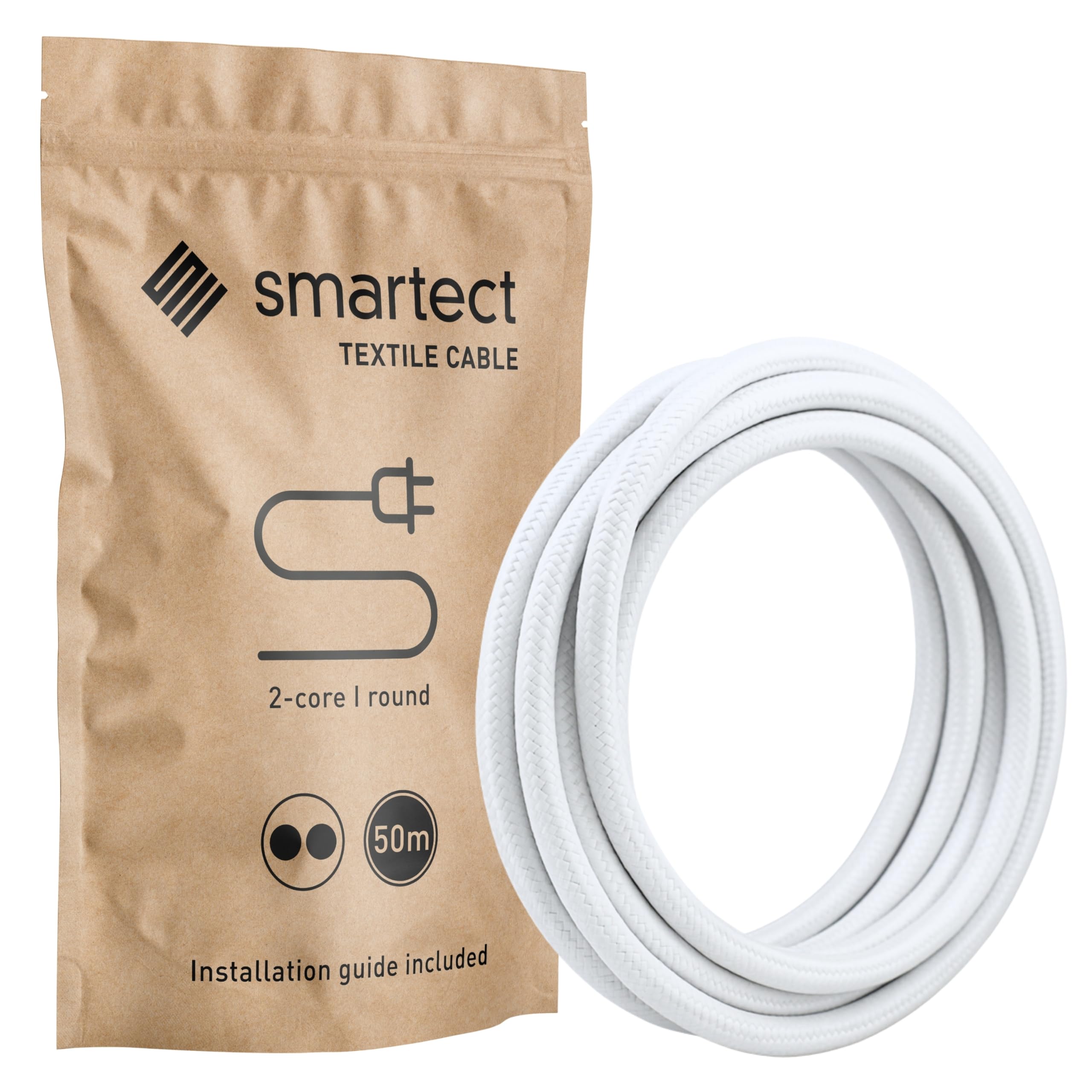 smartect Braided Cable, White, 50 Metres 2 Core Electrical Cable (2 x 0.75mm²) Vintage Fabric Electrical Wire for your DIY project