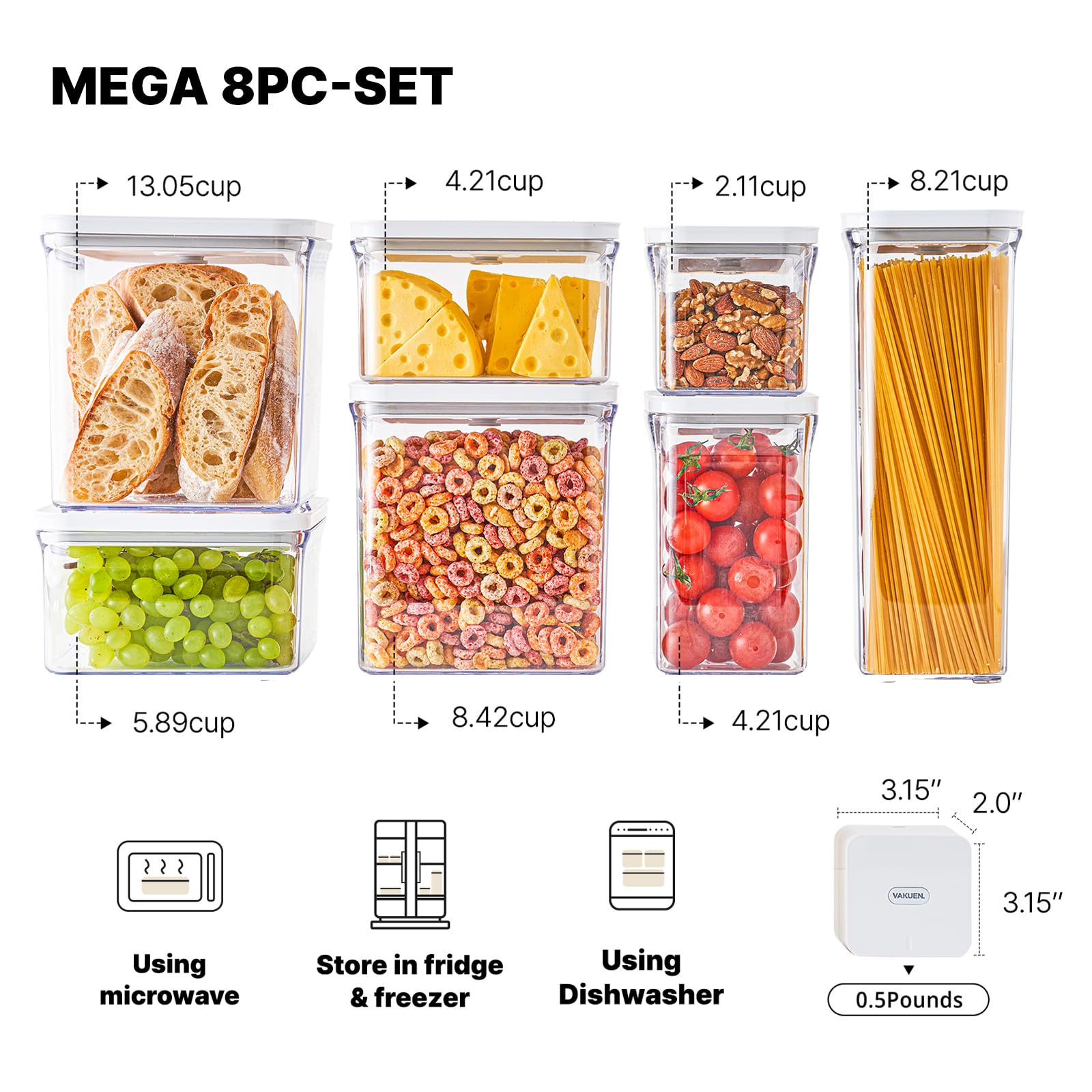 VAKUEN Premium Airtight Food Storage Containers Mega 8P/Set. Total 46.11cup, 7pcs Container and Vacuum Sealer. Smart One-Click Seal Lid, Patented Double Silicone Lining, 100% Leak Proof, BPA-FREE