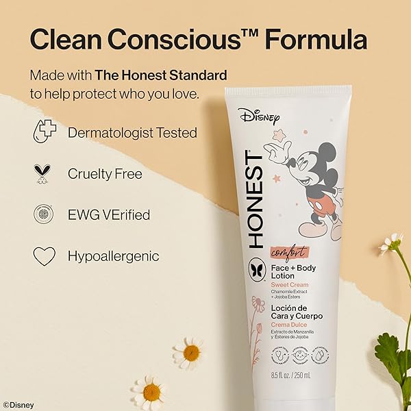 THE HONEST COMPANY MOISTURIZING FACE AND BODY LOTION FAST ABSORBING DERMATOLOGIST TESTED HYPOALLERGENIC DISNEY’S MICKEY MOUSE COMFORT SWEET CREAM 8.5 FL OZ