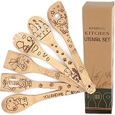 Bejky 6-Pcs Wooden Bamboo Spoons Set - Organic Food Cooking Utensils - Kitchen Accessories and Home Decor - Cookware Gifts for Women - Nonstick Easy Wash Spatulas - 3D Engraved Patterns (Cartoon Dog)