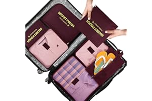 BINSUNS 7 Set Packing Cubes with Shoe Bag - Cute Travel Bags Luggage Organizers for Suitcase in Different size, Clothing Underwear Storage Bags Set Mesh for Travel Accessories Man & Women(Claret)