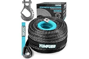 YUNFUER 3/8" x 92ft Synthetic Winch Rope Cable Kit, 26000LBS Winch Rope with Protective Sleeve + Forged Winch Hook and Safety Pull Strap for SUV (Gray)