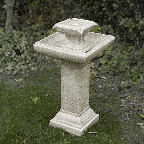 Glitzhome 25.75" H 2-Tier Decorative Outdoor Water Fountain with LED Light Modern and Minimalist Pedestal Water Fountain with Submersible Pump Vintage Decor for Garden Patio Deck Porch