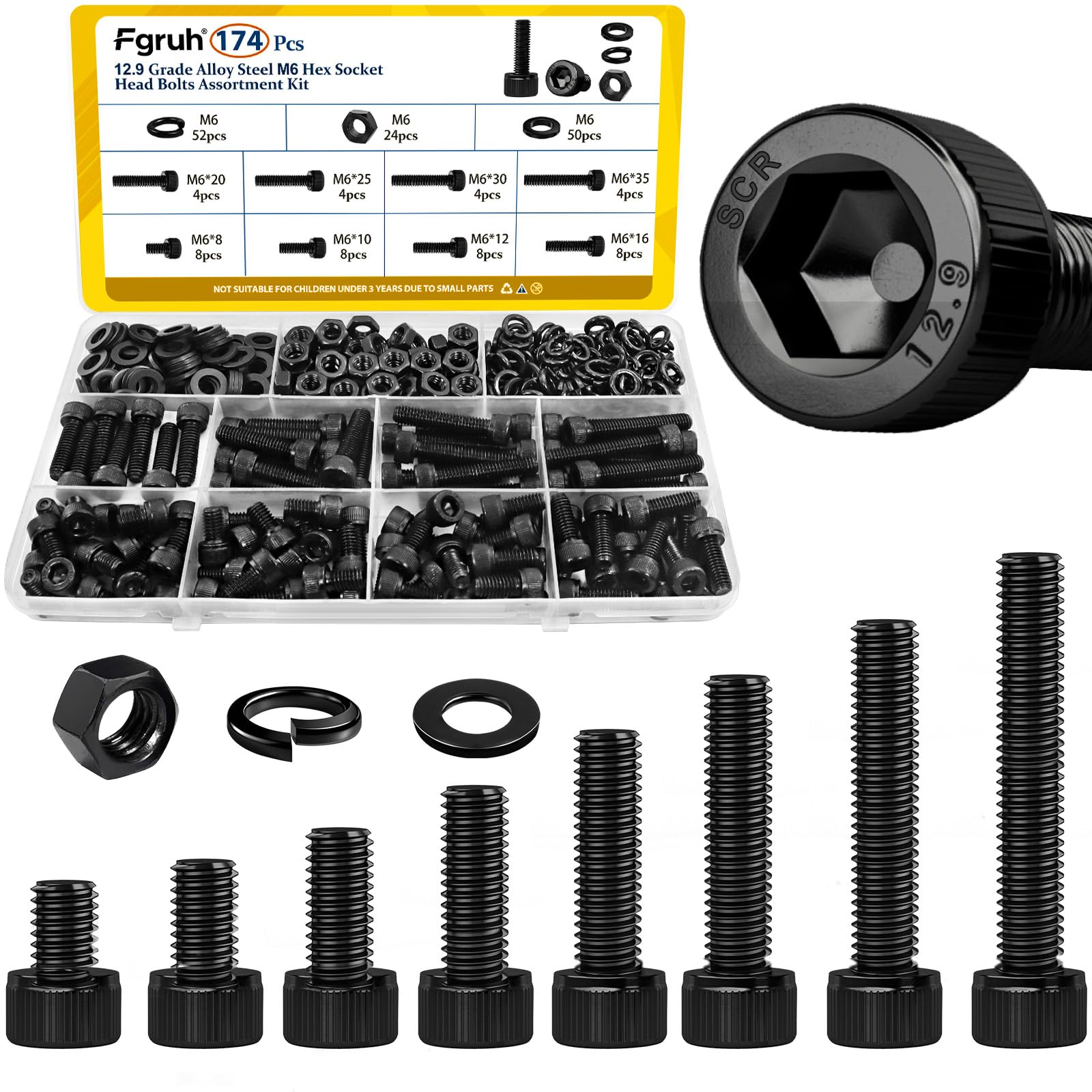 Photo 1 of Fgruh 174PCS M6 Screws with Nuts Assortment Kit - M6x8/10/12/16/20/25/30/35 mm Hex Socket Head Cap Bolts with Nuts & Washers Assorted Set - 12.9 Alloy Steel Black Zinc Plated Anti-Rust Hardware Set