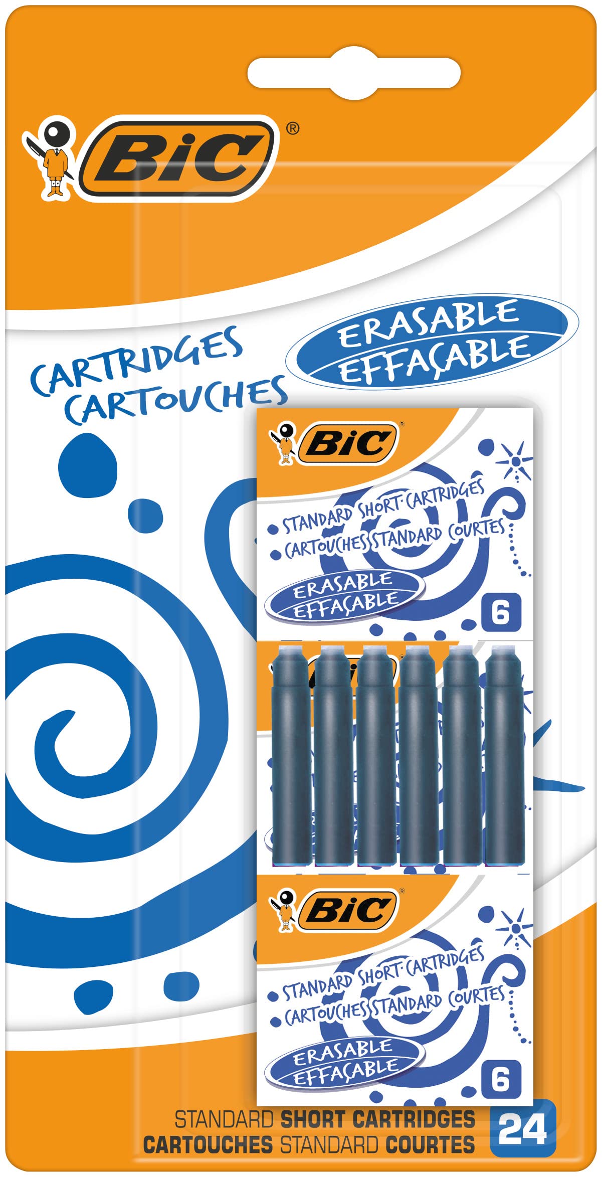 BIC Standard Short Ink Cartridges for Fountain Pens Erasable Blue Blister Pack of 24