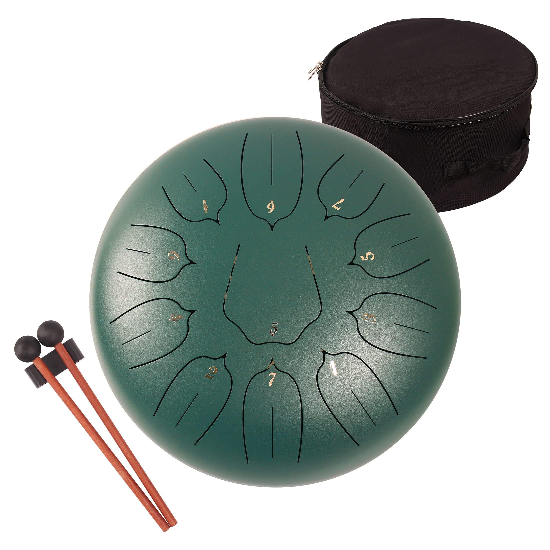 Lomuty 12 Inches 30 CM Steel Tongue Drum-11 Notes C Major Tuned Percussion Instrument-Handpan Drum with Bag, Music Book, Mallets and Finger Picks(Green)