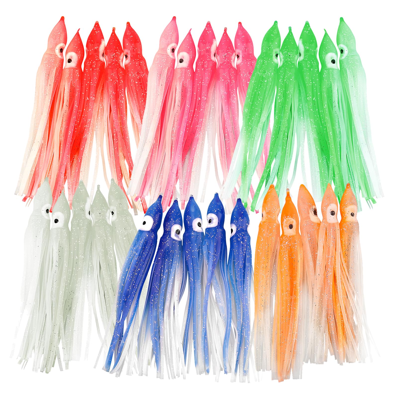 OriGlam 30pcs Luminous Squid Fishing Lures, Glow Octopus Skirts Squid Skirts Trolling Lures, Trolling Saltwater Baits Soft Fishing Lure for Bass Salmon Trout