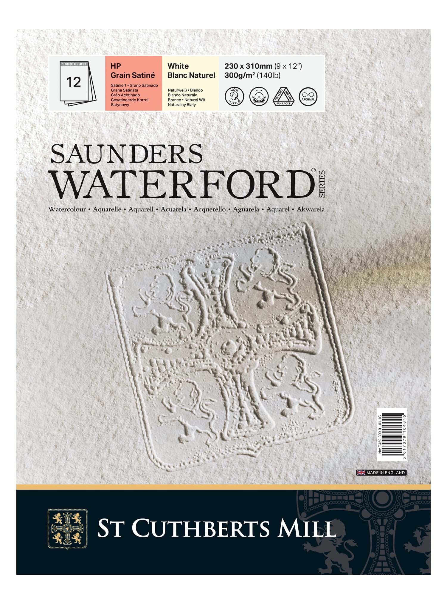 St Cuthberts Mill Saunders Waterford Series 300gsm Satin Watercolour Pad 23 x 31 cm Single Sided Glued 12 Sheets Natural White