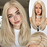 HAIRCUBE 13X6 HD Synthetic Lace Front Glueless Wig, 24 Inch Blonde Highlight Layered Wig, Natural Density Hairline Human-Like Wigs for Women