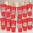 Skylety 12 Pcs Christmas Plastic Cups Bulk Gifts 24 oz Christmas Tumblers Christmas Cups Reusable Tumblers with Straw and Lid New Year Gifts for Drinking Filling Candies Party Favors (Classic)