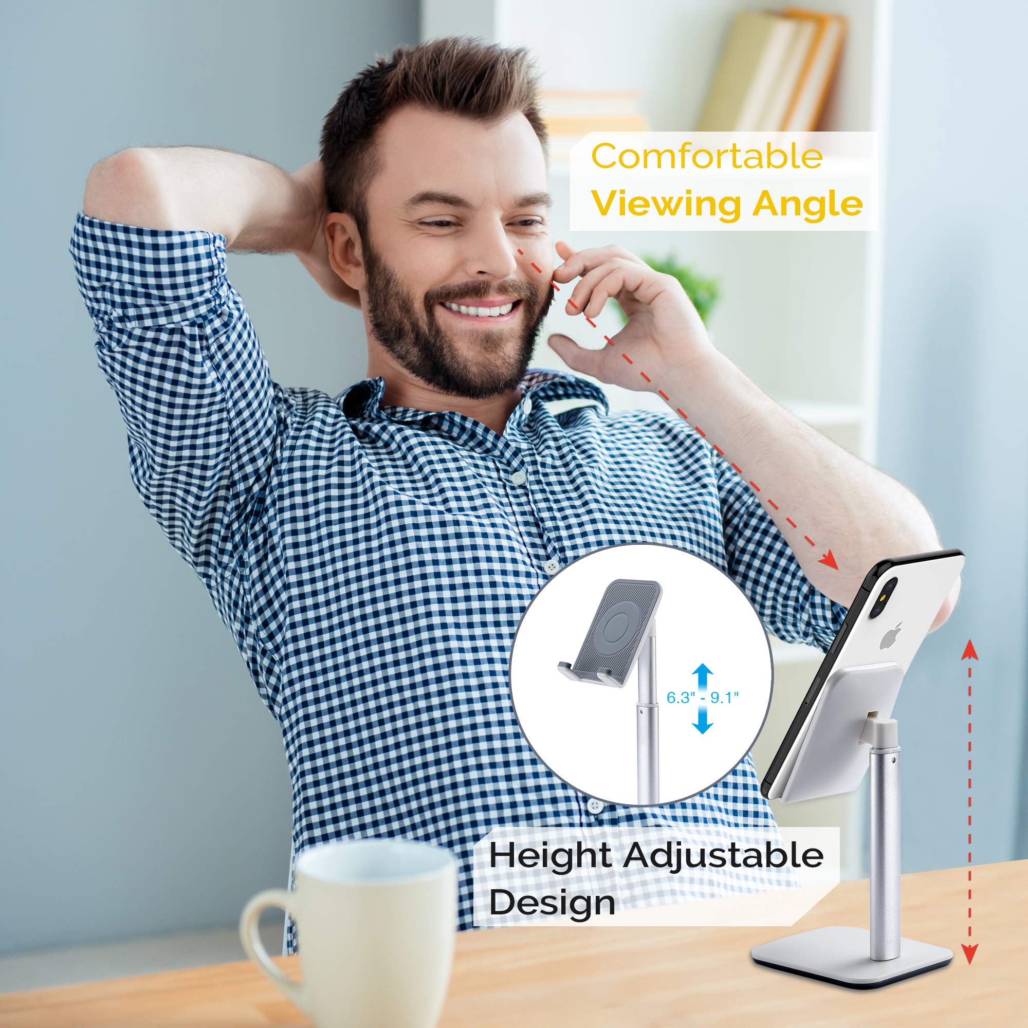 Upgraded Version Desktop Cell Phone Stand Tablet Holder, Height and Angle Adjustable Phone Holder Dock, Compatible with Tablet Up to 10.5 Inch (White)