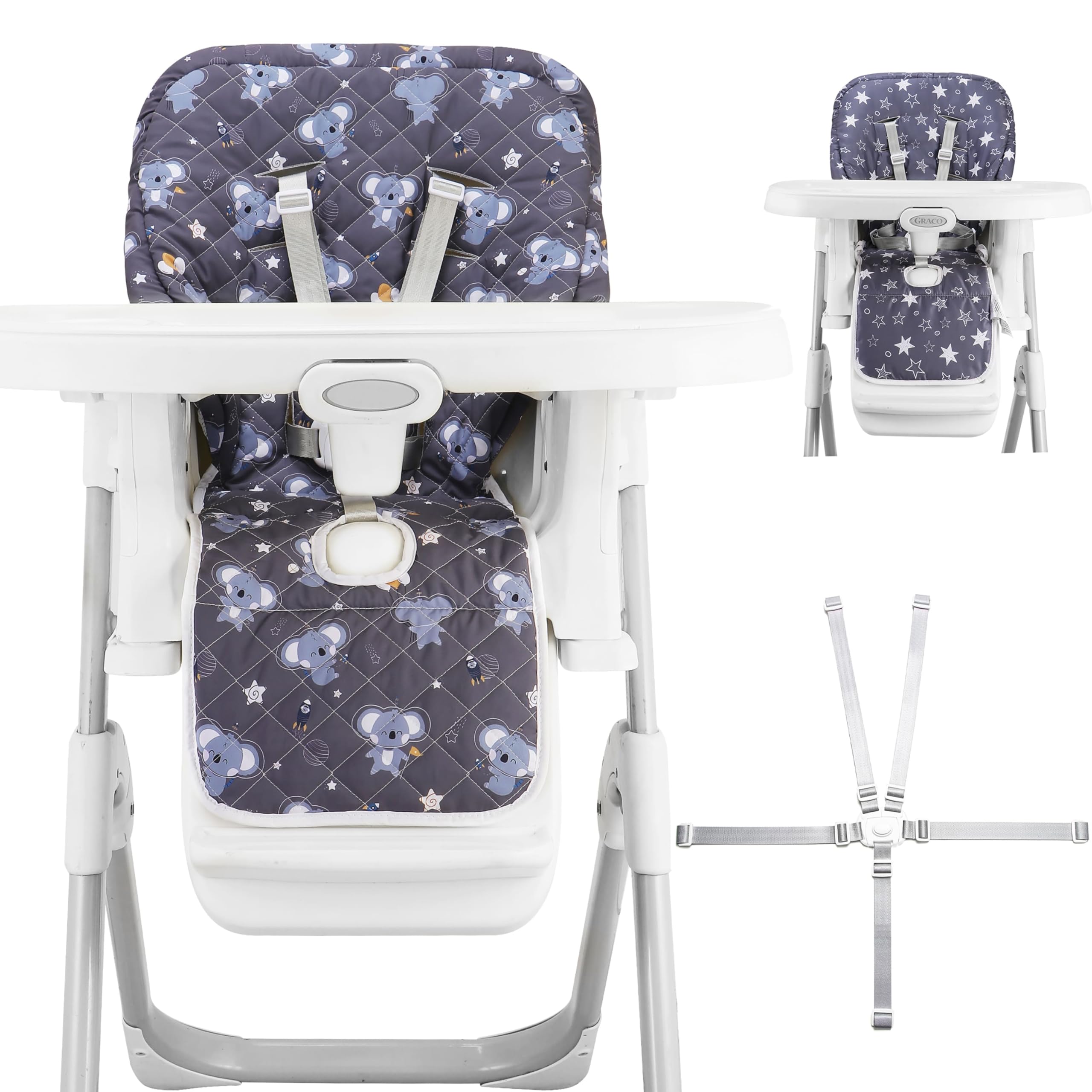 Photo 1 of Lunobubo Baby High Chair Cover 2-in-1 Reversible, Includes 5-Point Harness Strap, Waterproof & Soft Dual-Side High Chair Pad Cushion, Machine Washable, Extra Thick Highchair Protector - GreY