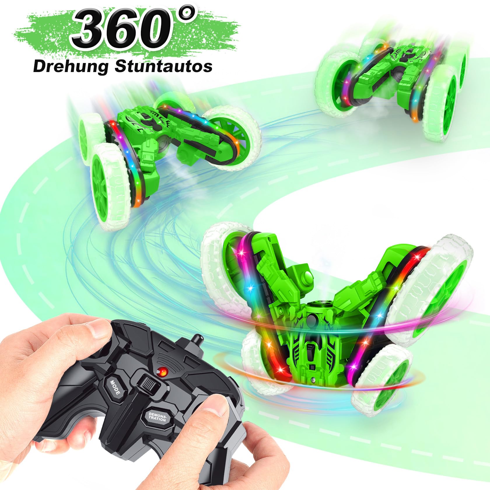 MidiVix Ferngesteuertes Auto, 360°rotierende 4WD RC Autos mit Seitenlichtern und Scheinwerfern, 2.4Ghz Doppelseitig RC Stunt Car mit Spray, RC Drift Spielzeugauto und Geschenke für Kinder (Grün) 4