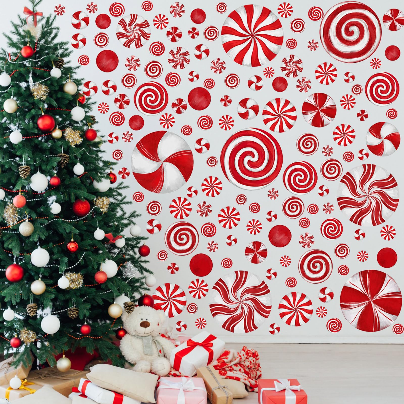 Photo 1 of 211 Pcs 6 Sheets Christmas Wall Decals Peppermint Wall Stickers Removable Oil Red and Green Candy Stickers Christmas Window Clings for Indoor Living Room Bedroom Nursery Decor(Red)
