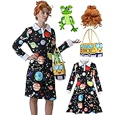 4 Pcs Ms Frizzle Dress Costume Women Teacher Halloween Costume Set with Wig School Bus Bag Plush Toys Accessories Set