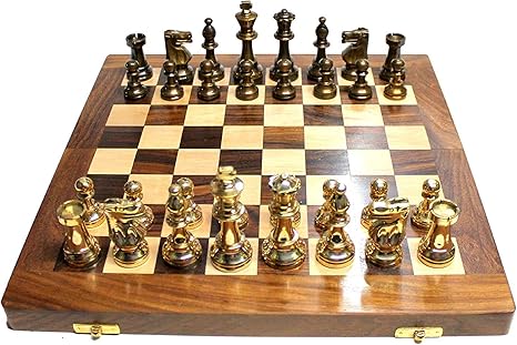 14 X 14? Collectible Wooden Folding Chess Game Board Set+ Brass Staunton Figure Pieces