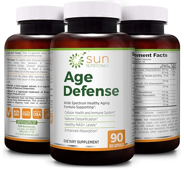 AGE DEFENSE WITH SULFORAPHANE PRECURSORS GLUCORAPHANIN & MYROSINASE, NAD+ WITH APIGENIN, NIACIN & TMG, NRF2 & SIRTUIN ACTIVATORS PTEROSTILBENE, TRANS-RESVERATROL, VITAMIN K2, MAGNESIUM, 90 VCAPS