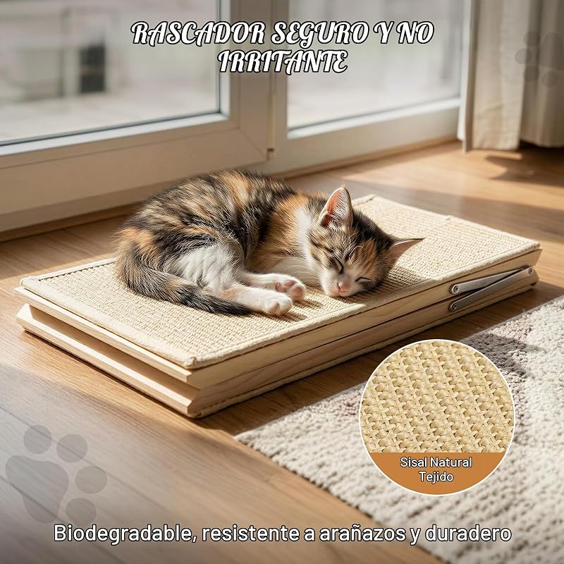 Arranhador para gatos, rampa de arranhador de sisal, tábua dobrável de madeira com 2 peluches de mola, rampa triangular para gatinhos que protege móveis, tapete antiderrapante