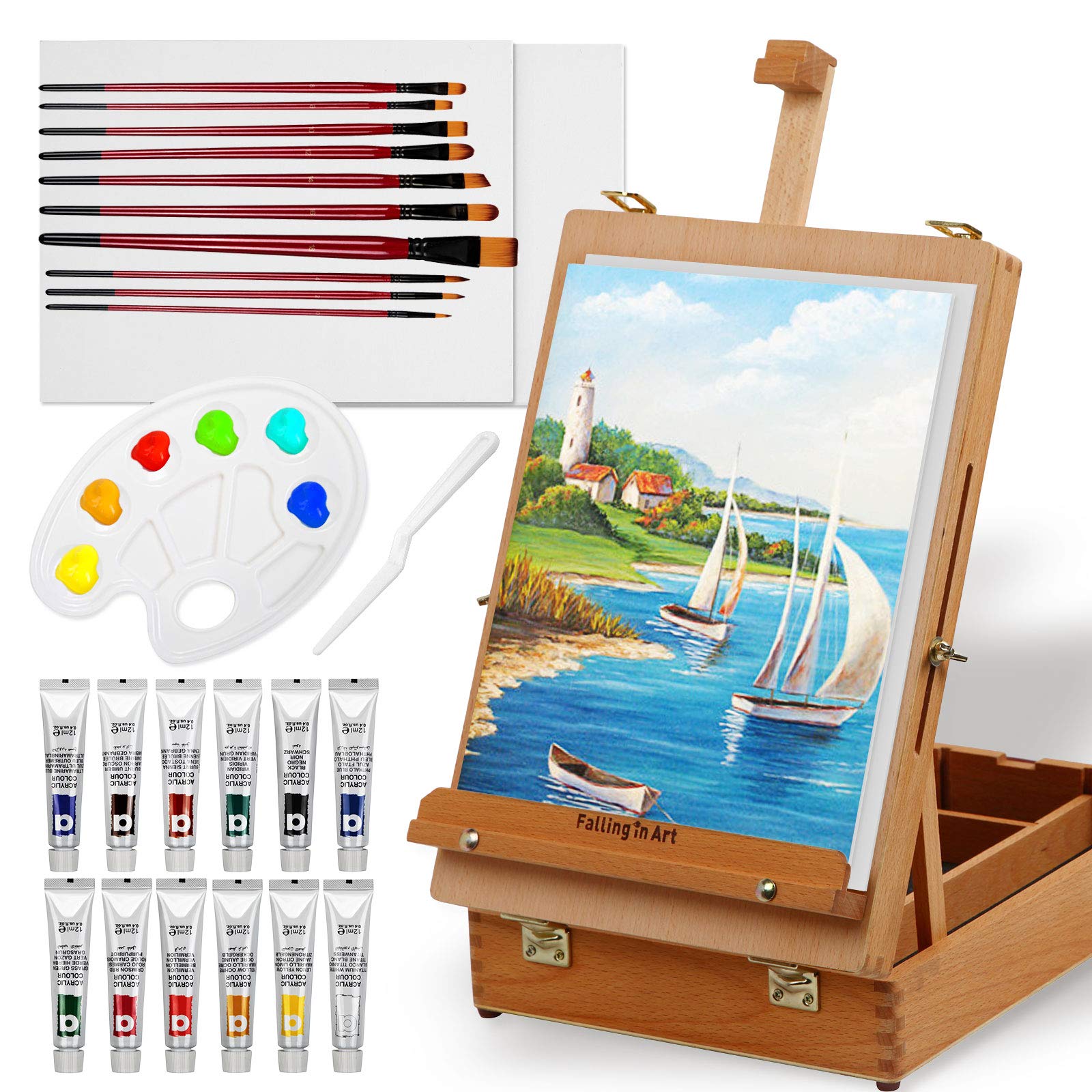 Falling in Art Beechwood Easel Box Set, 27 Pcs Tabletop Acrylic Paint Set, Portable Display Easel Stand with 12 Acrylic Paints, Canvas Panels and Brushes, Suitable for Beginners and Professionals