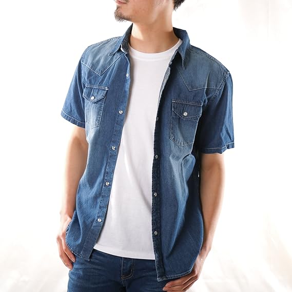 Amazon Co Jp ナイラス Nylaus 半袖シャツ メンズ デニムシャツ ウエスタンシャツ ワークシャツ カジュアルシャツ トップス 春 夏 ウォッシュ加工 ユーズド加工 ダメージ 厚手 ファッション
