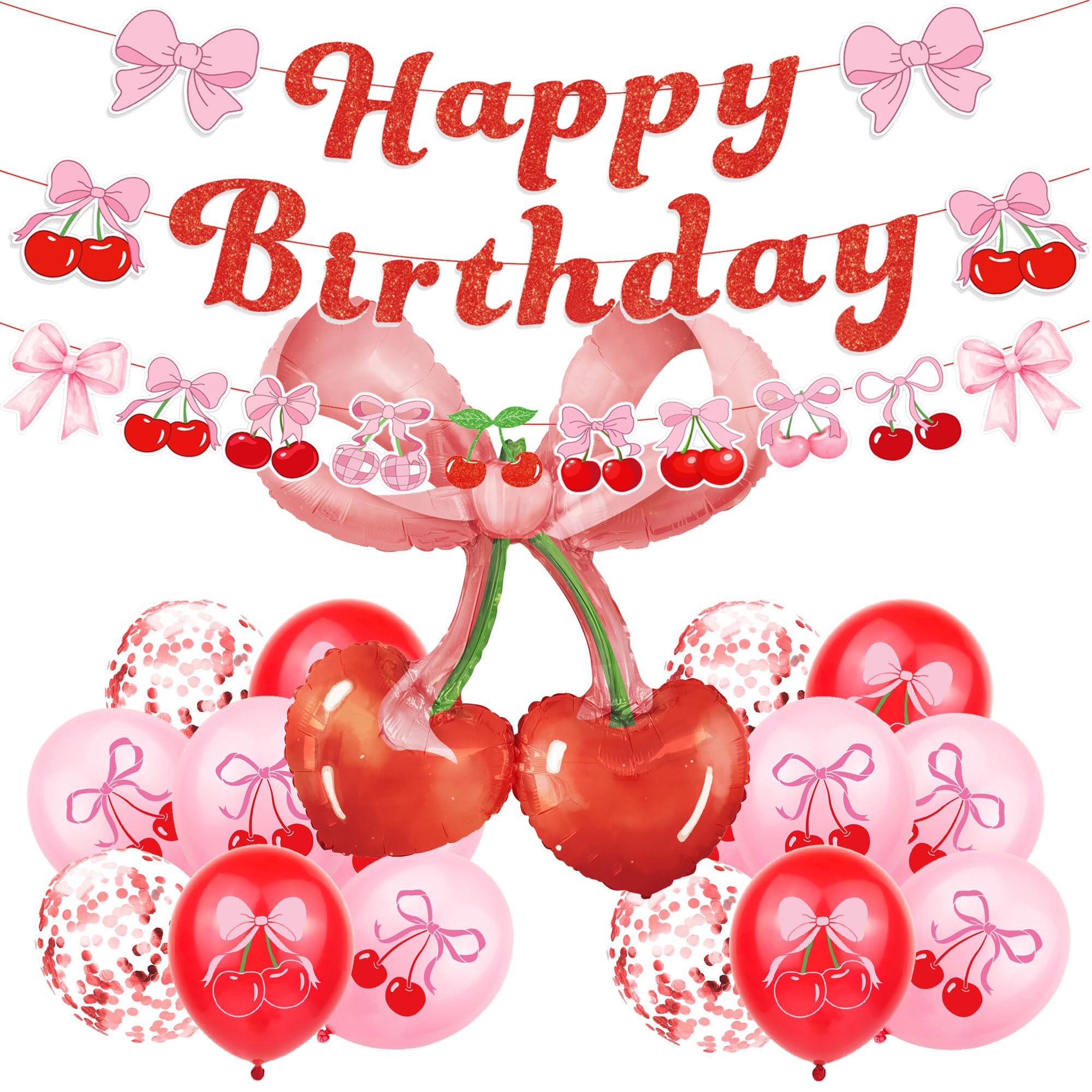 Cherry Bows Birthday Decorations Kit, Coquette Pink Red Theme Party ...