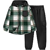 ADIRUN Toddler Boy Clothes Plaid Button Down Long Sleeve Hooded Shirt Tops Pants with Pockets 2Pcs Fall Winter Outfits 3-8Y