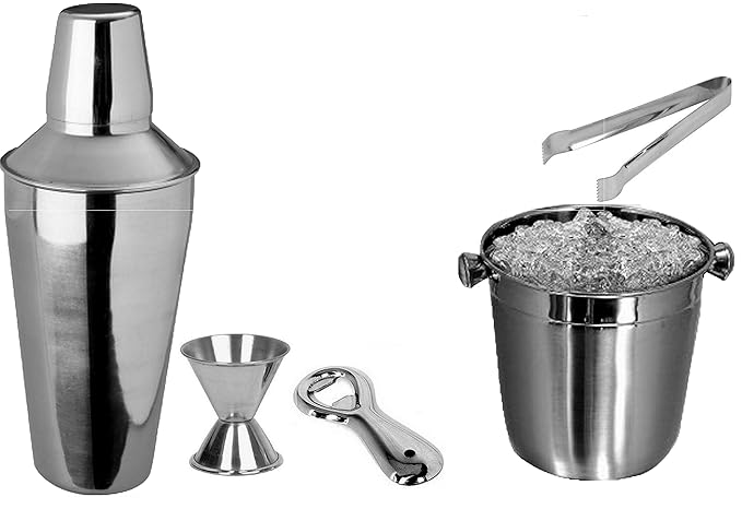 Dynore 5 pcs Beginners Bar Set - Ice Bucket, Small Bottle Opener, Regular Cocktail Shaker, peg Measure, ice Tong