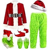 Vanfunny Green Monster Santa Claus Costume Set for Adults, 7PCS Christmas Santa Outfit Suit, Xmas Halloween Cosplay Costumes