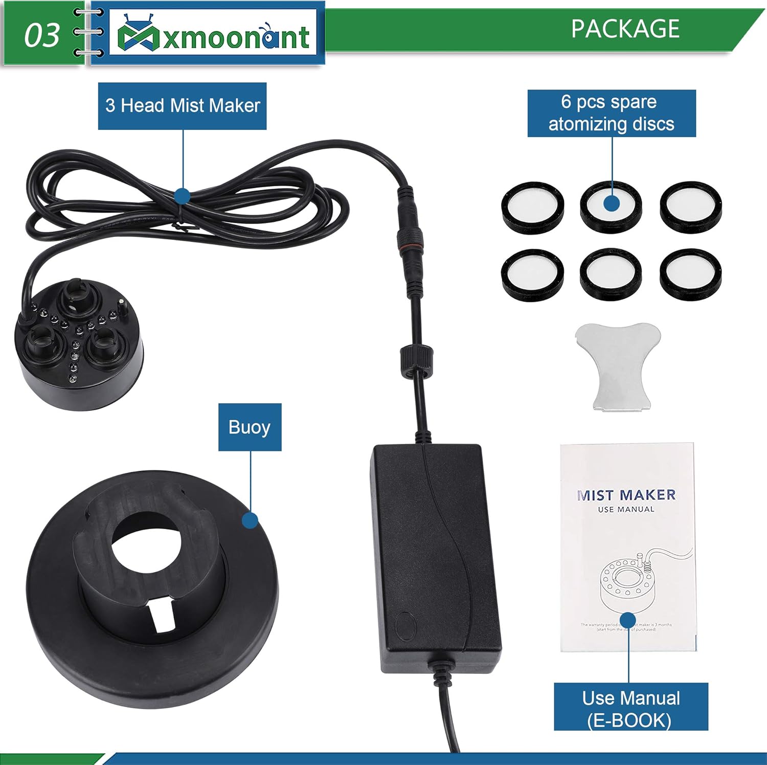 Mxmoonant 3 Head Ultrasonic Mist Maker Fogger Plastic Atomizer Air Humidifier 1500mL/H with 6 Spare Atomization Discs for Water Fountain Pond Aquarium Rockery Sink: Home & Kitchen