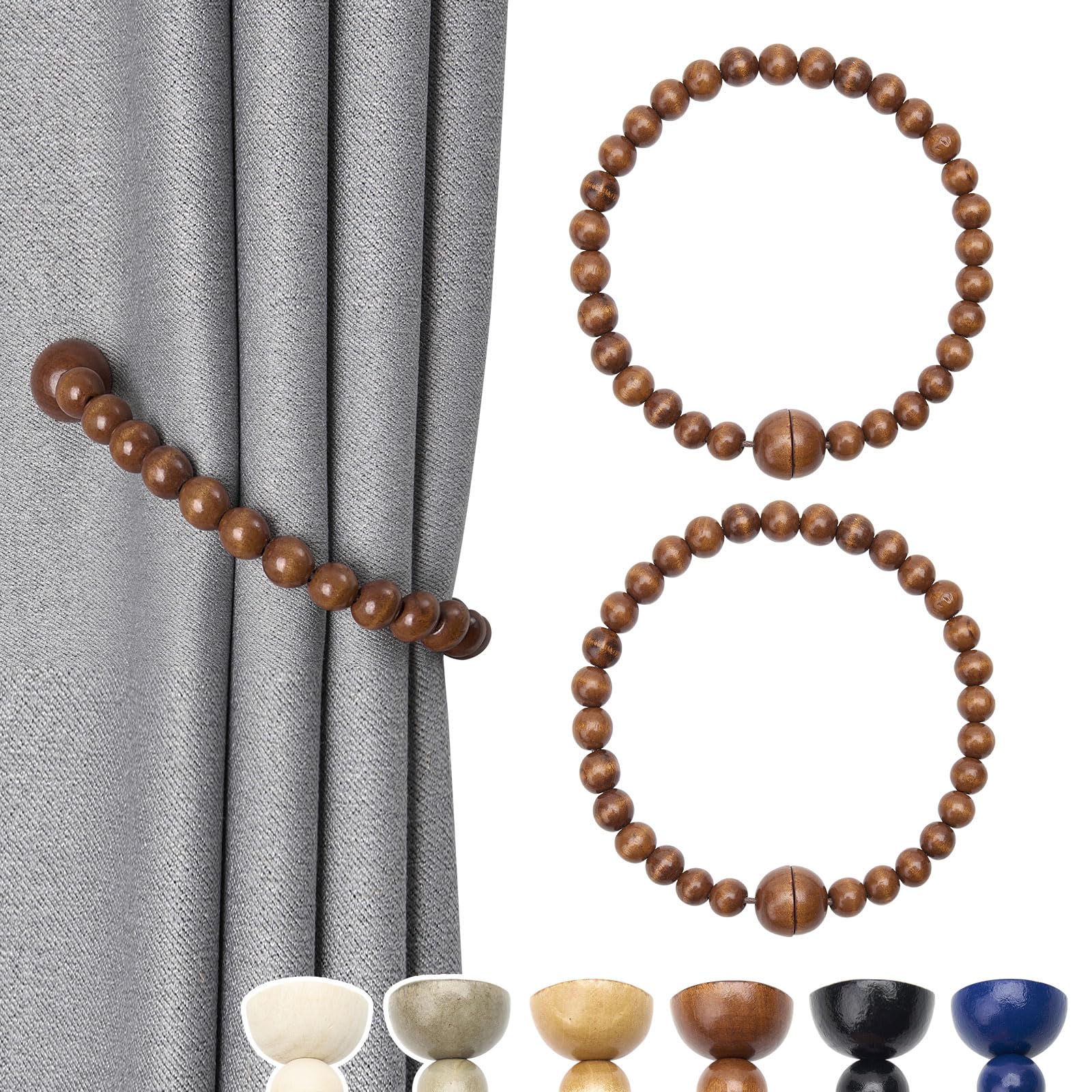 Pretty Jolly 2 Pack Wood Bead Curtain Tiebacks Boho Farmhouse Decor Drape Tie Backs Strong Magnetic Natural Wooden Beaded Curtain Holdbacks for Home & Office Outdoor Window Draperies (Coffee)