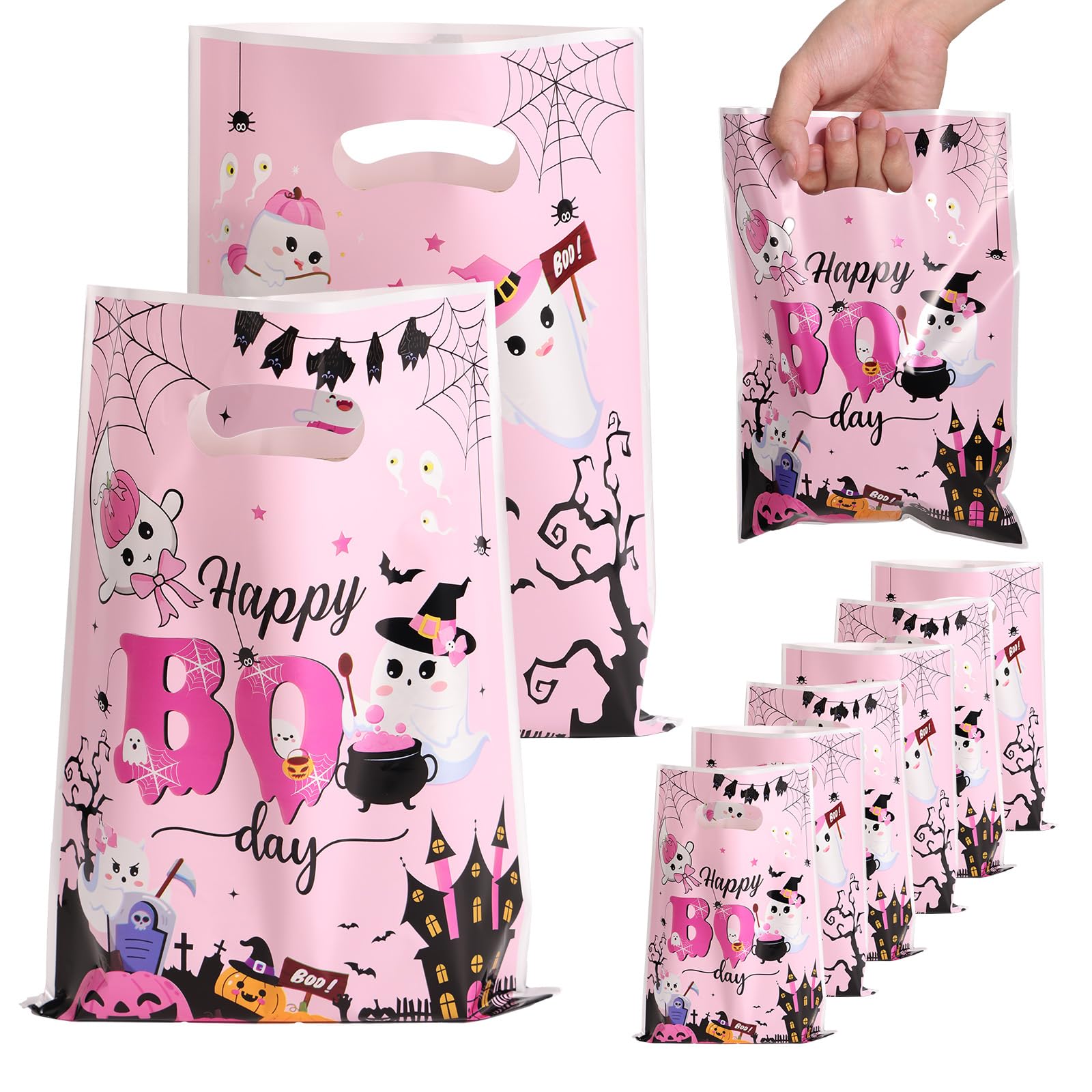 Photo 1 of *Missing Parts*
50pcs Halloween Plastic Gift Bags, Pink Little Boo Halloween Party Favor Bags with Handles Funny Little Boo Theme Party Decoration Supplies for Packing Candy Gift