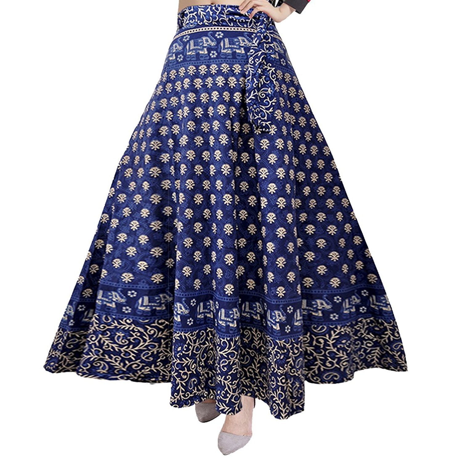 silver organisation wrap-around long skirt with printed patch-work