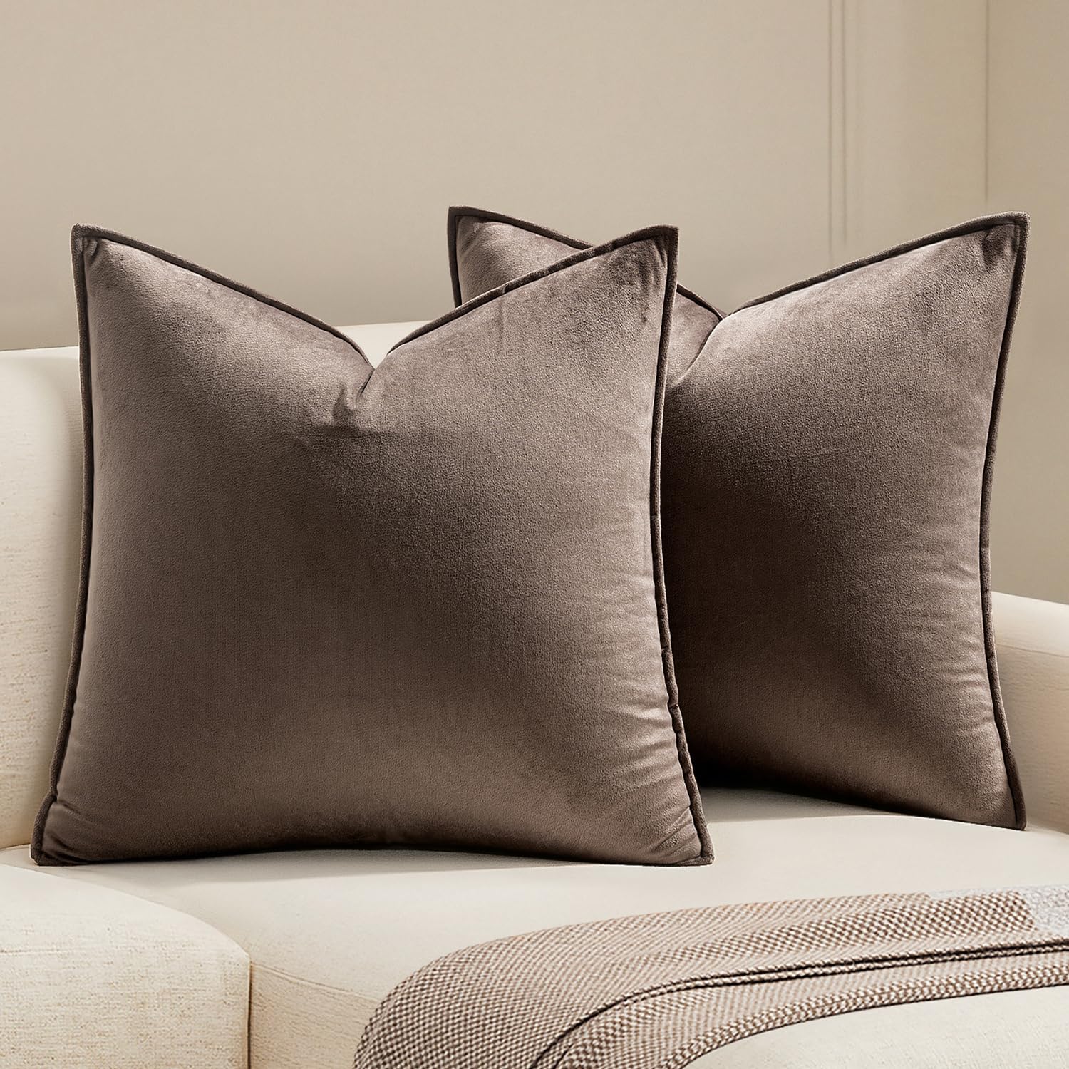 Photo 1 of MIULEE Pack of 2 Decorative Velvet Throw Pillow Cover Soft Pillow Cover Soild Square Cushion Case for Sofa Bedroom Car 18x 18 Inch Dark Coffee 45x 45cm Dark Coffee