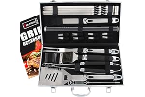 ROMANTICIST 21pc BBQ Grill Accessories Set with Thermometer - The Very Best Grill Gift on Birthday Wedding - Heavy Duty Stainless Steel Grill Utensils with Non-Slip Handle in Aluminum Case