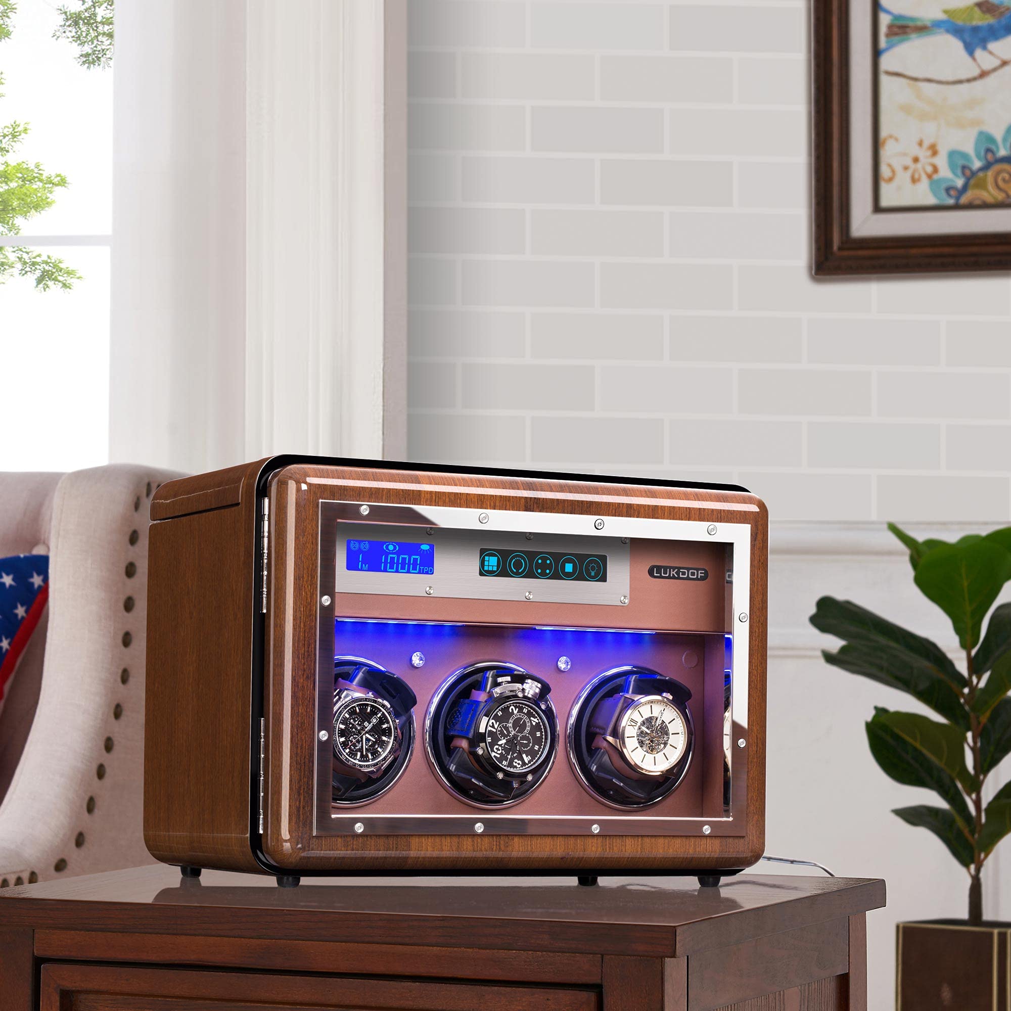 LUKDOF Automatic Watch Winder with 3 Quiet Running Motor Watch Winding LCD Display+ 4 Storage Box, Diamond Decorated, Walnut Watch Winder for Rolex with 5 Adjustable Upgraded Watch Pillows, AC Adapter