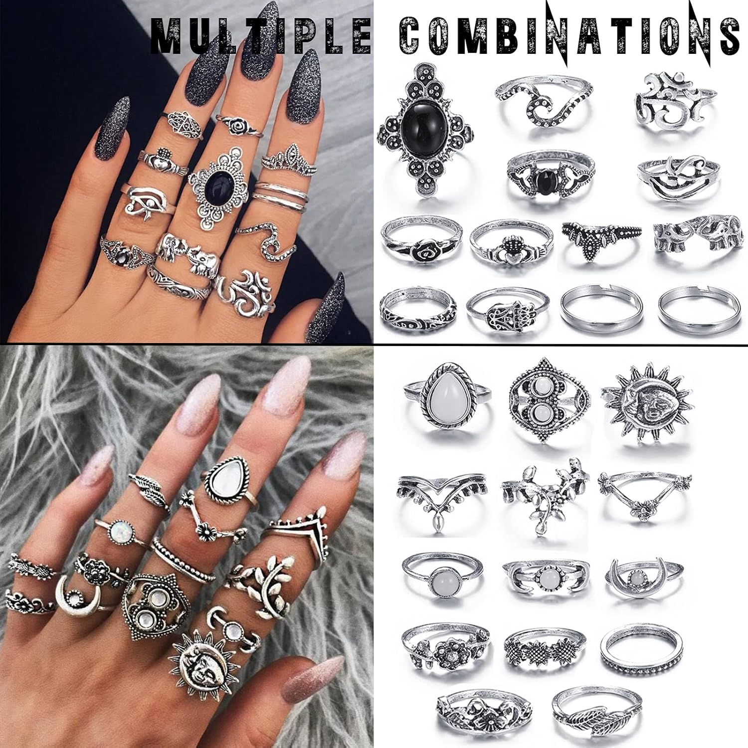 74 Pcs Vintage Stackable Knuckle Rings Set for Women/Girl, Bohemian Silver Plated Simple Stacking Finger Rings Pack (Retro Silver): Clothing