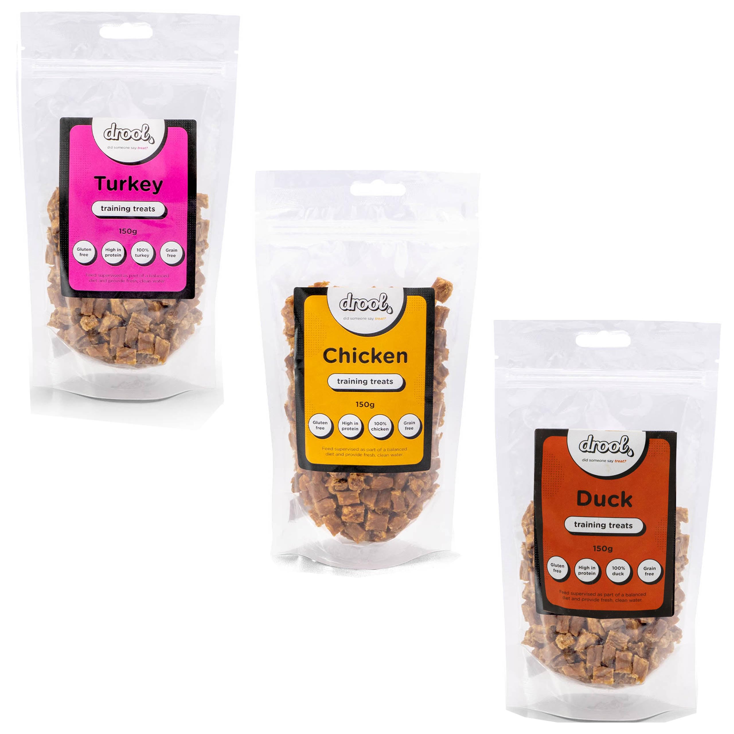 Drool Pet Products Natural Air Dried Dog Treats | Duck, Chicken & Turkey | Grain Free Healthy Training Chews for Dogs | 3 x 150g