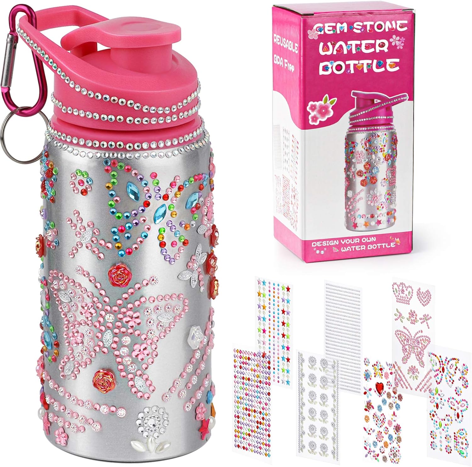 Poscoverge Decorate Your Own Water Bottles for Girls with Tons of Rhinestone Glitter Gem Stickers! BPA Free 20 oz Kids Water Bottle for Girl, Fun DIY Art and Craft, Birthday Gift for Kids