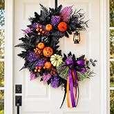 Halloween Wreath for Front Door, Crescent Moon Wreath with Pumpkins, Bow & Lantern, Spooky Wall Decor